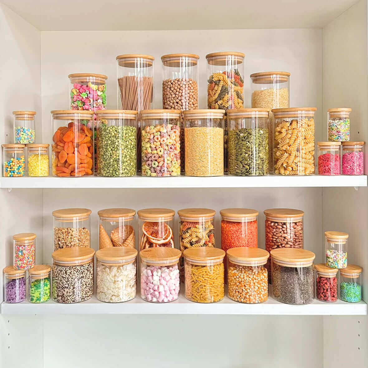 Bamboo Glass Pantry Jar Set – 35 Piece pantry storage for SueChef kitchenware