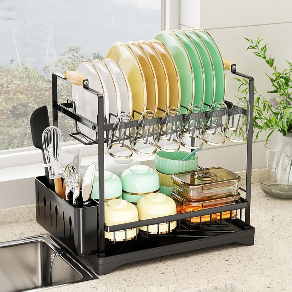 2-Tier Dish Drying Rack with Drainboard utensil holders for SueChef kitchenware