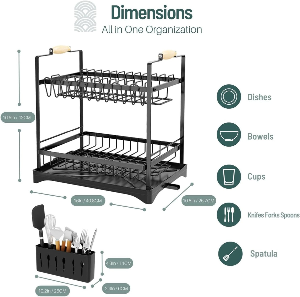 2-Tier Dish Drying Rack with Drainboard utensil holders for SueChef kitchenware