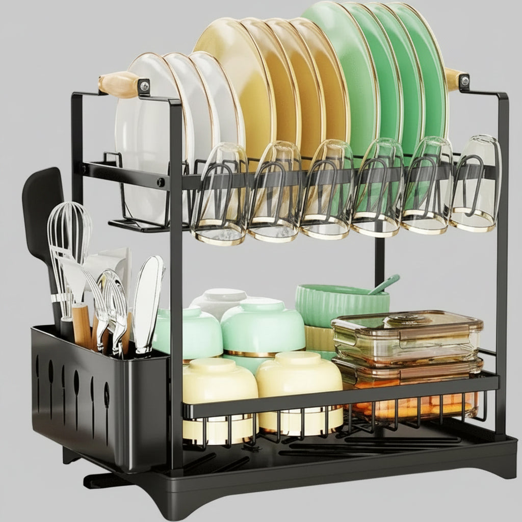 2-Tier Dish Drying Rack with Drainboard utensil holders for SueChef kitchenware