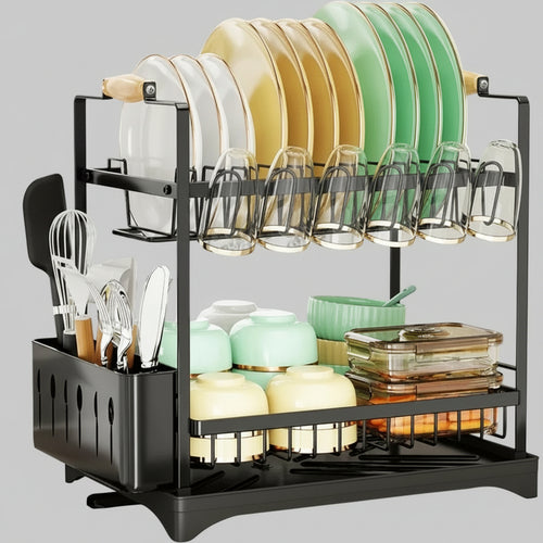 2-Tier Dish Drying Rack with Drainboard utensil holders for SueChef kitchenware