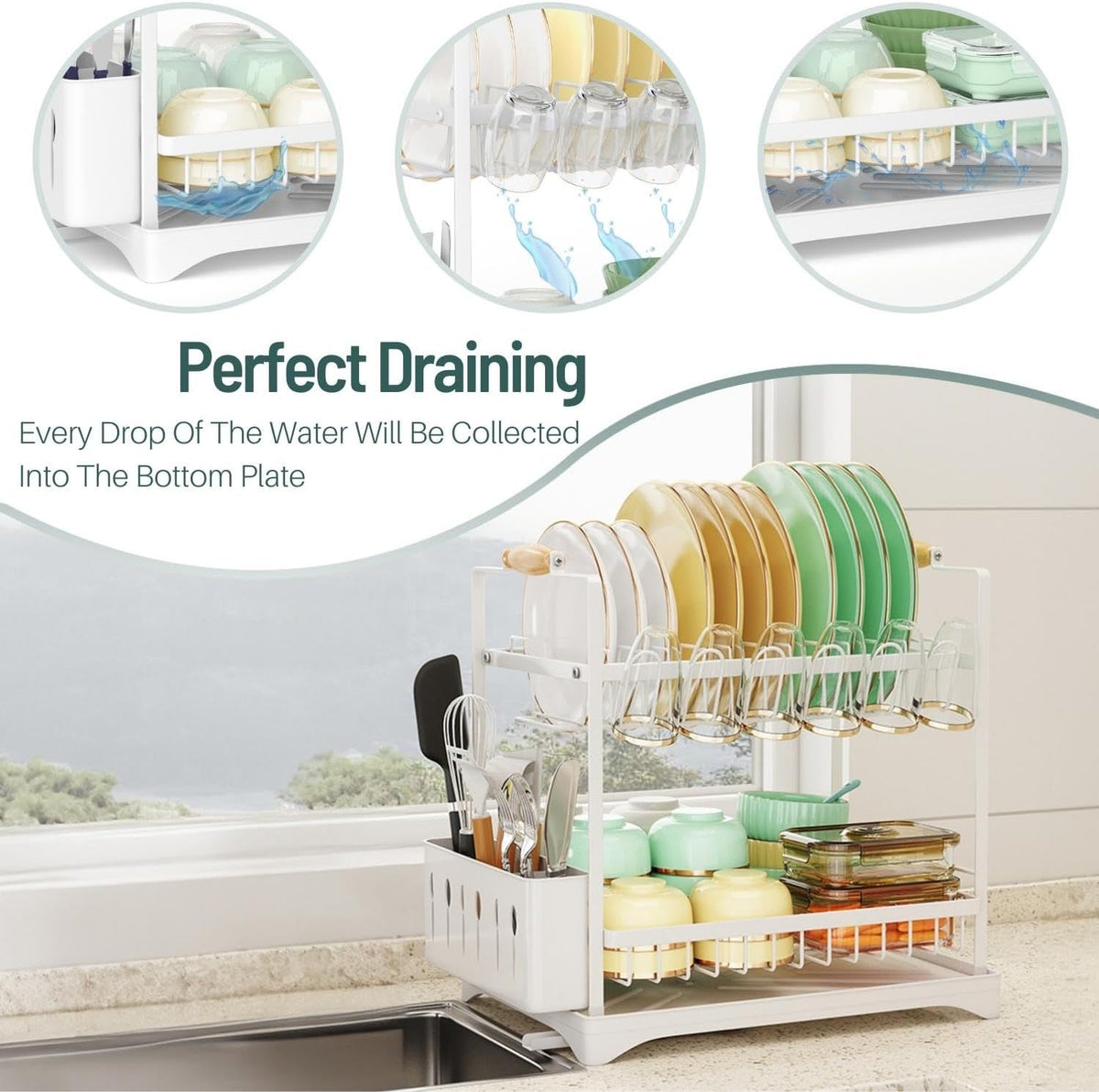 2-Tier Dish Drying Rack with Drainboard utensil holders for SueChef kitchenware