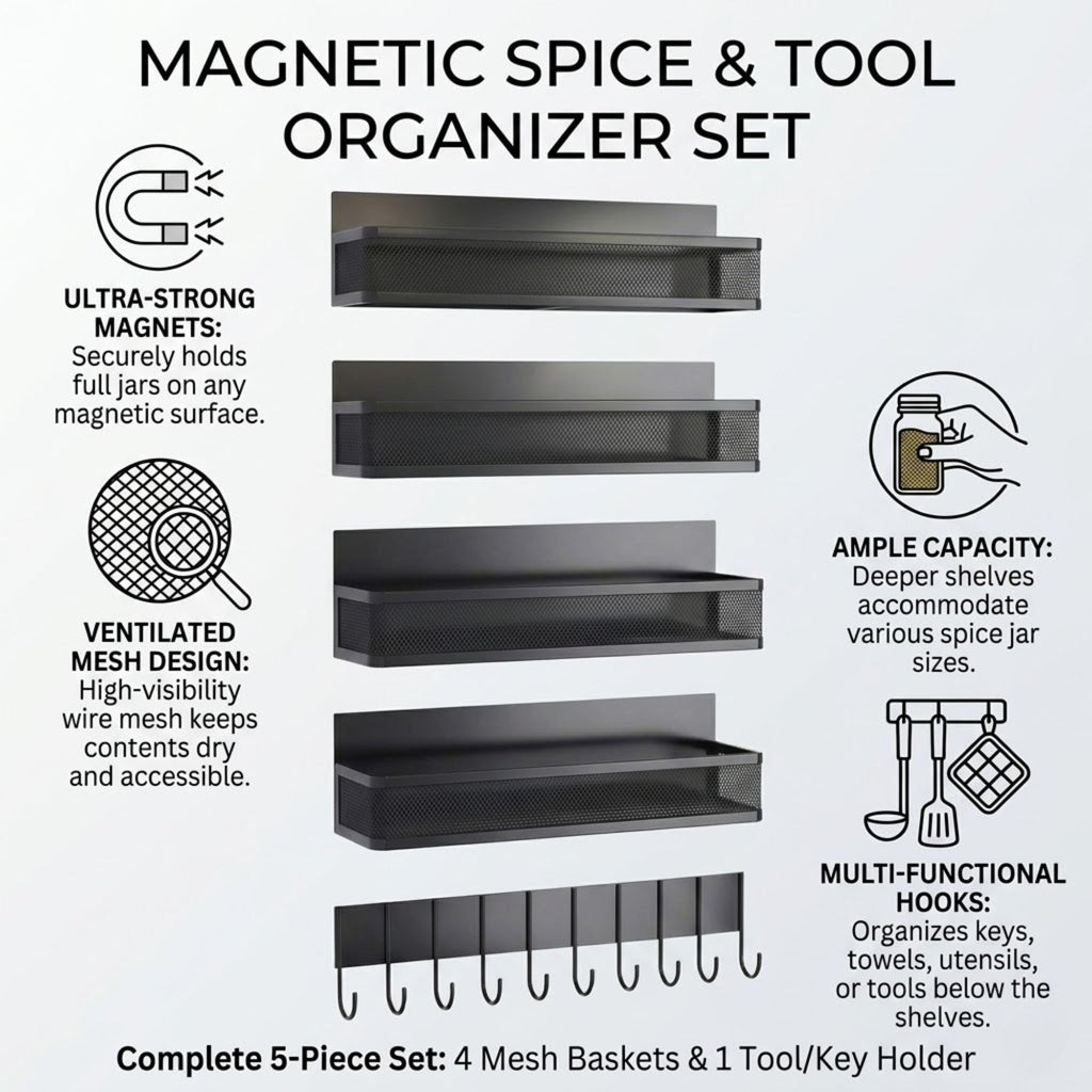Magnetic Spice Rack 5 Pack for Kitchen Fridge Organisation