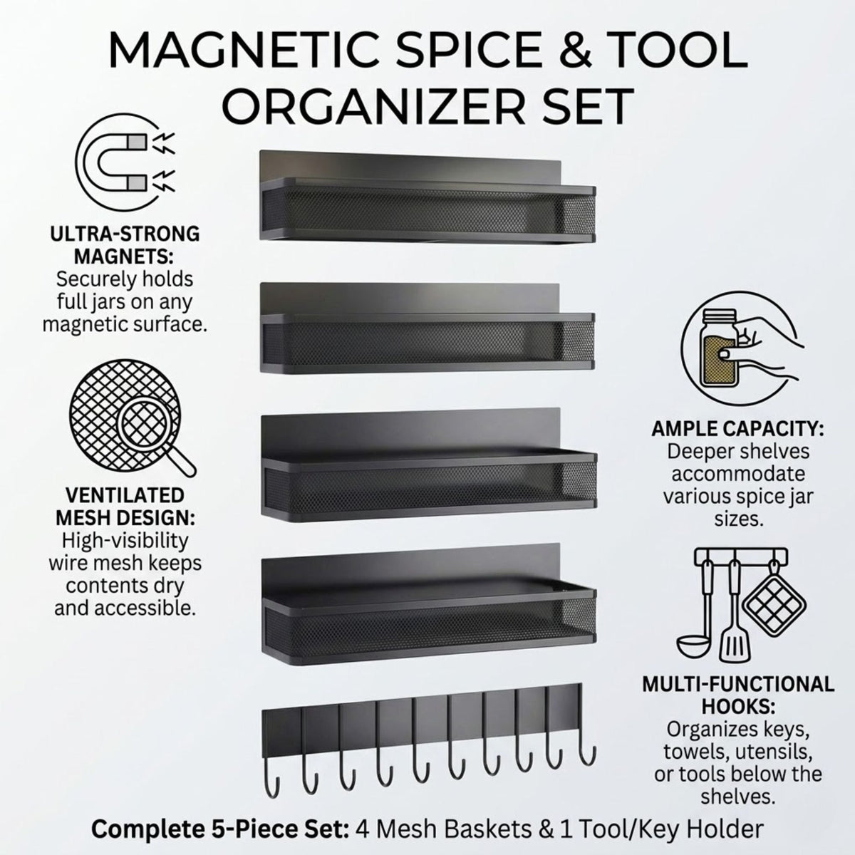Magnetic Spice Rack 5 Pack for Kitchen Fridge Organisation