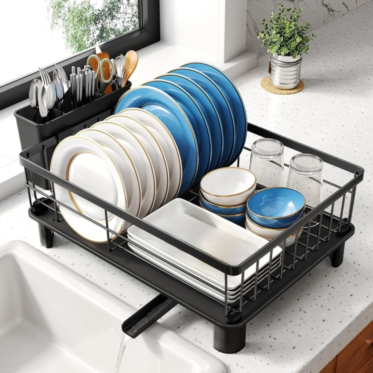 Dish Drying Rack with Drainboard – Black utensil holders for SueChef kitchenware