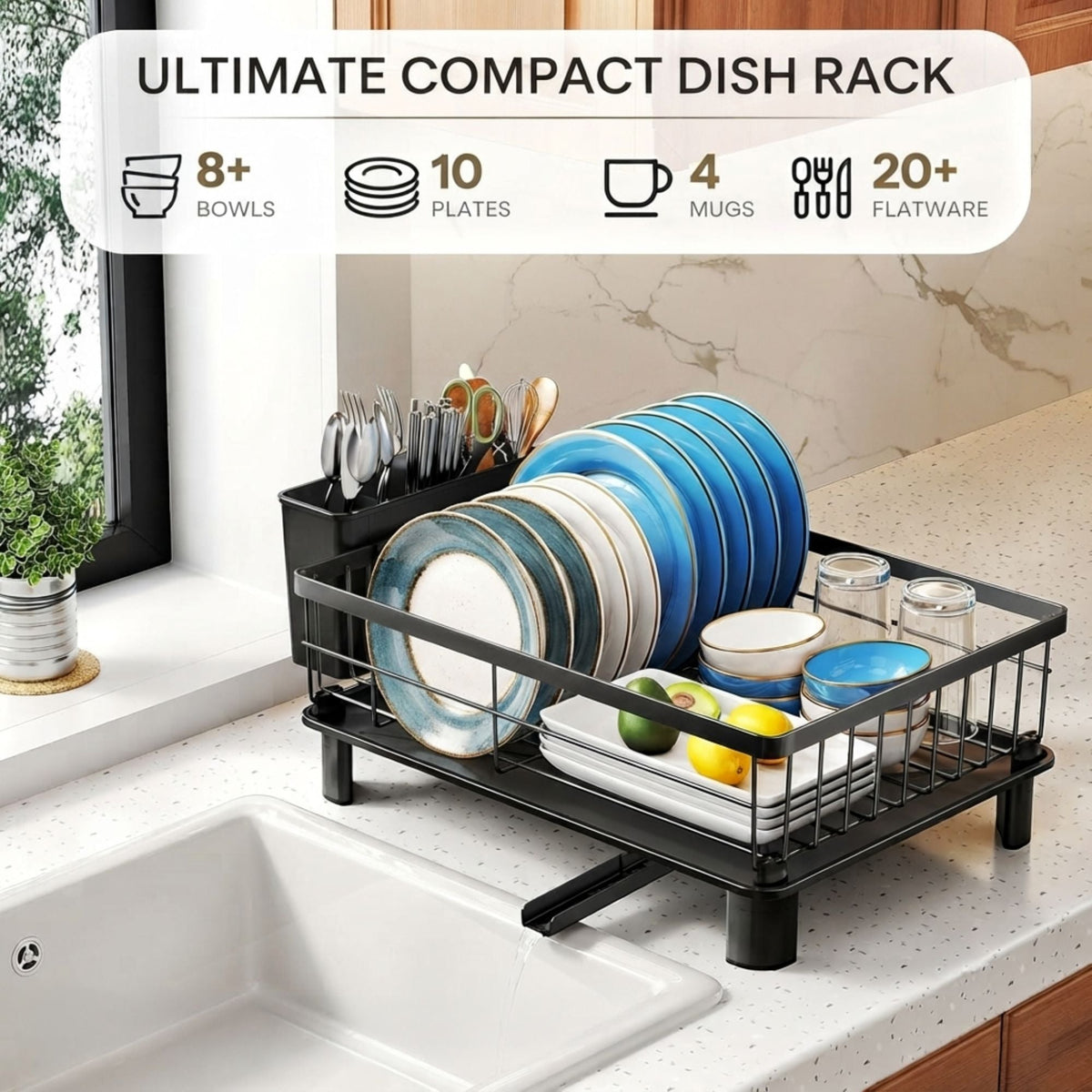 Dish Drying Rack with Drainboard – Black utensil holders for SueChef kitchenware