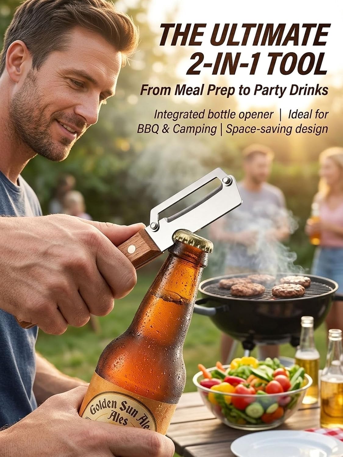 Multifunctional Vegetable Peeler Slicer Stainless Steel Knife with Bottle Opener, 3 in 1 Zero Snag Wooden Handle Julienne Slicer Shredder, Kitchen Tool for Potato Carrot Scallion Fruit(A,2PCS)