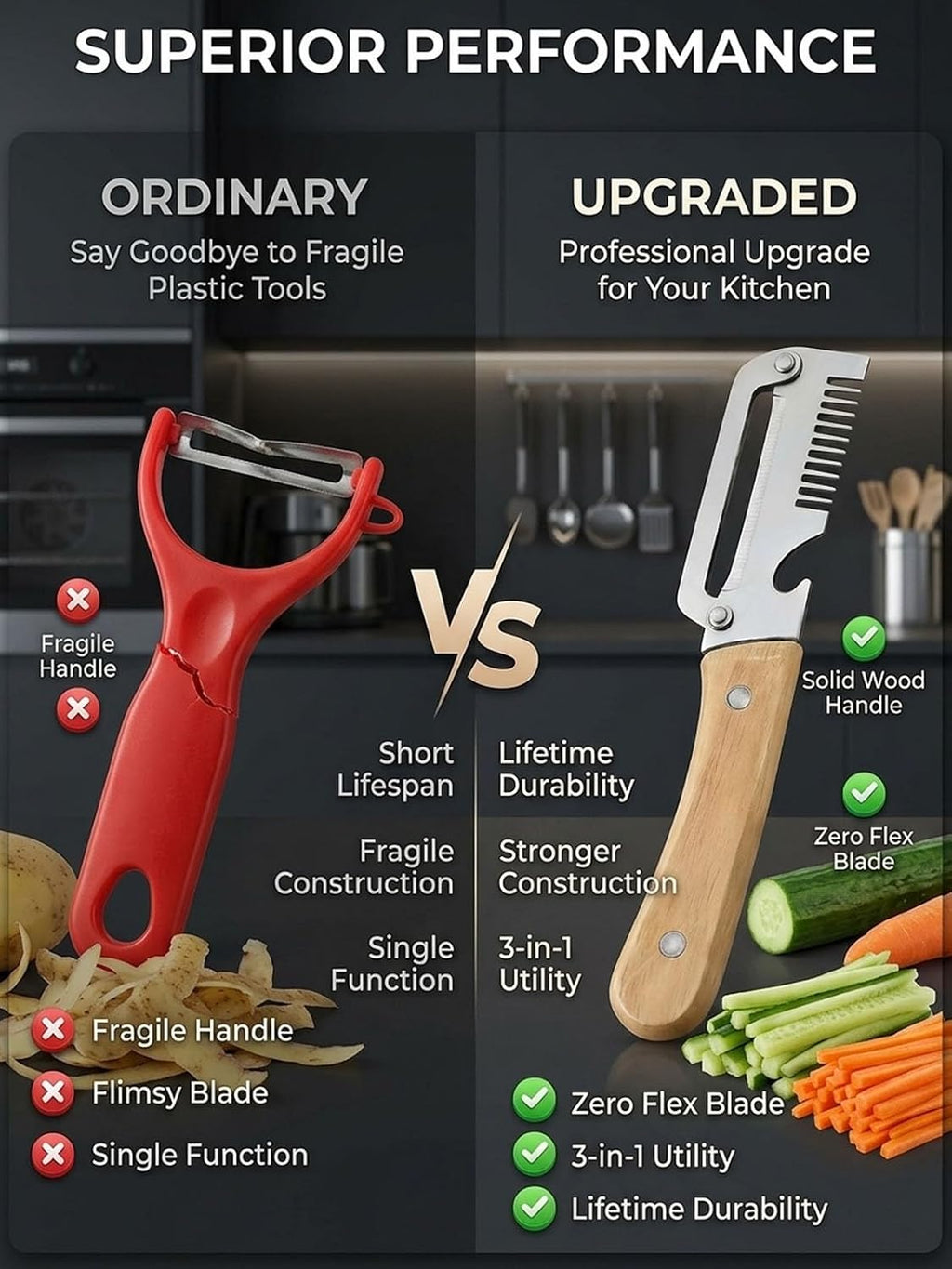 Multifunctional Vegetable Peeler Slicer Stainless Steel Knife with Bottle Opener, 3 in 1 Zero Snag Wooden Handle Julienne Slicer Shredder, Kitchen Tool for Potato Carrot Scallion Fruit(A,2PCS)