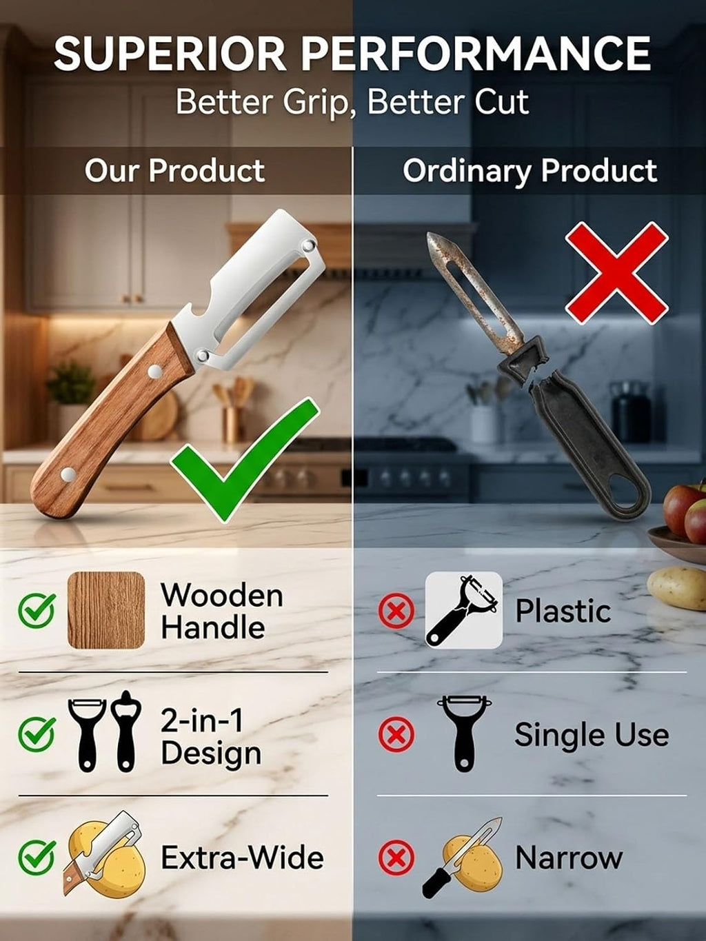 Multifunctional Vegetable Peeler Slicer Stainless Steel Knife with Bottle Opener, 3 in 1 Zero Snag Wooden Handle Julienne Slicer Shredder, Kitchen Tool for Potato Carrot Scallion Fruit(A,2PCS)
