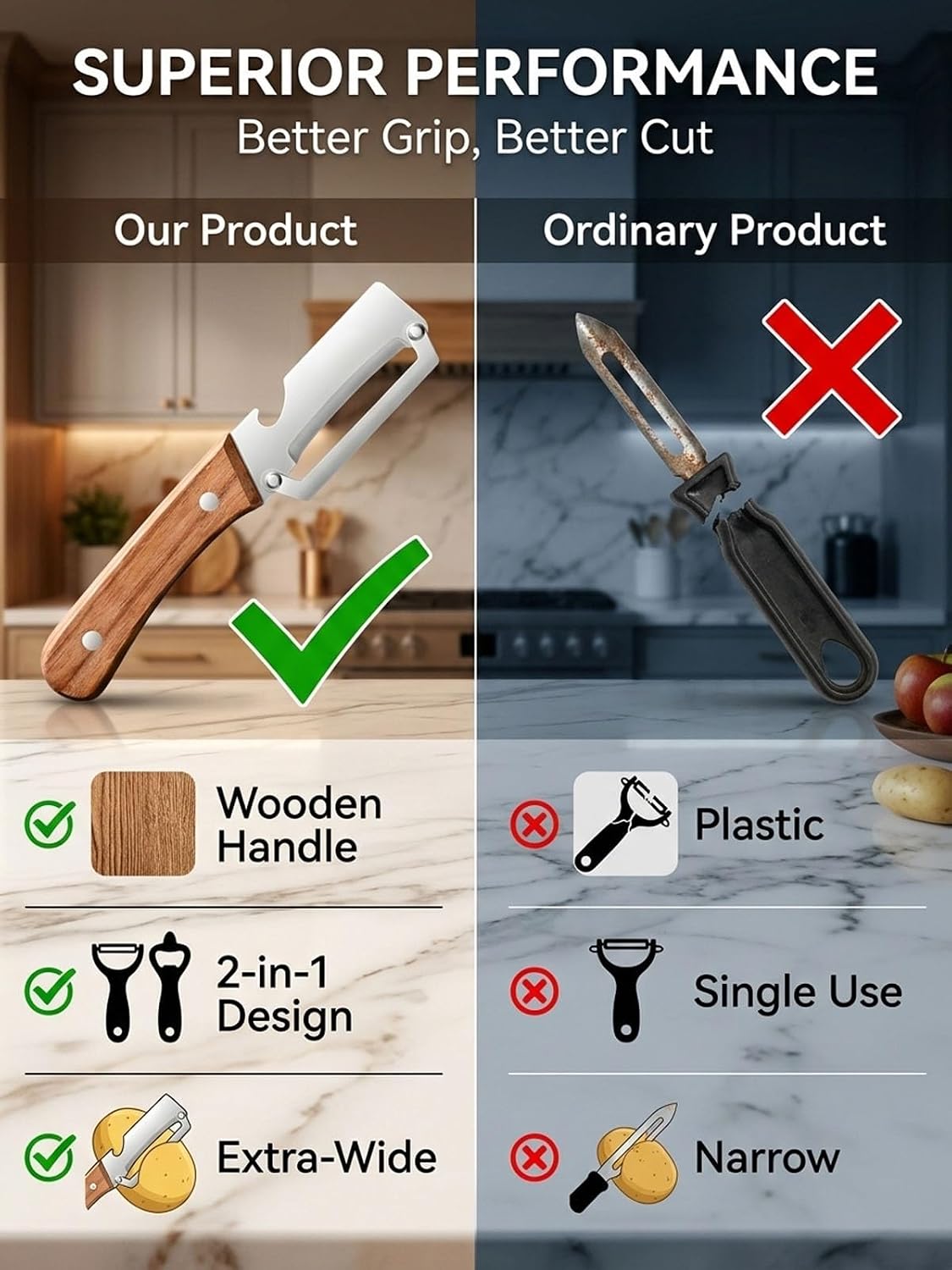 Multifunctional Vegetable Peeler Slicer Stainless Steel Knife with Bottle Opener, 3 in 1 Zero Snag Wooden Handle Julienne Slicer Shredder, Kitchen Tool for Potato Carrot Scallion Fruit(A,2PCS)