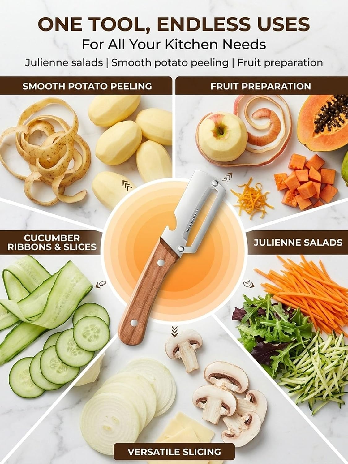 Multifunctional Vegetable Peeler Slicer Stainless Steel Knife with Bottle Opener, 3 in 1 Zero Snag Wooden Handle Julienne Slicer Shredder, Kitchen Tool for Potato Carrot Scallion Fruit(A,2PCS)