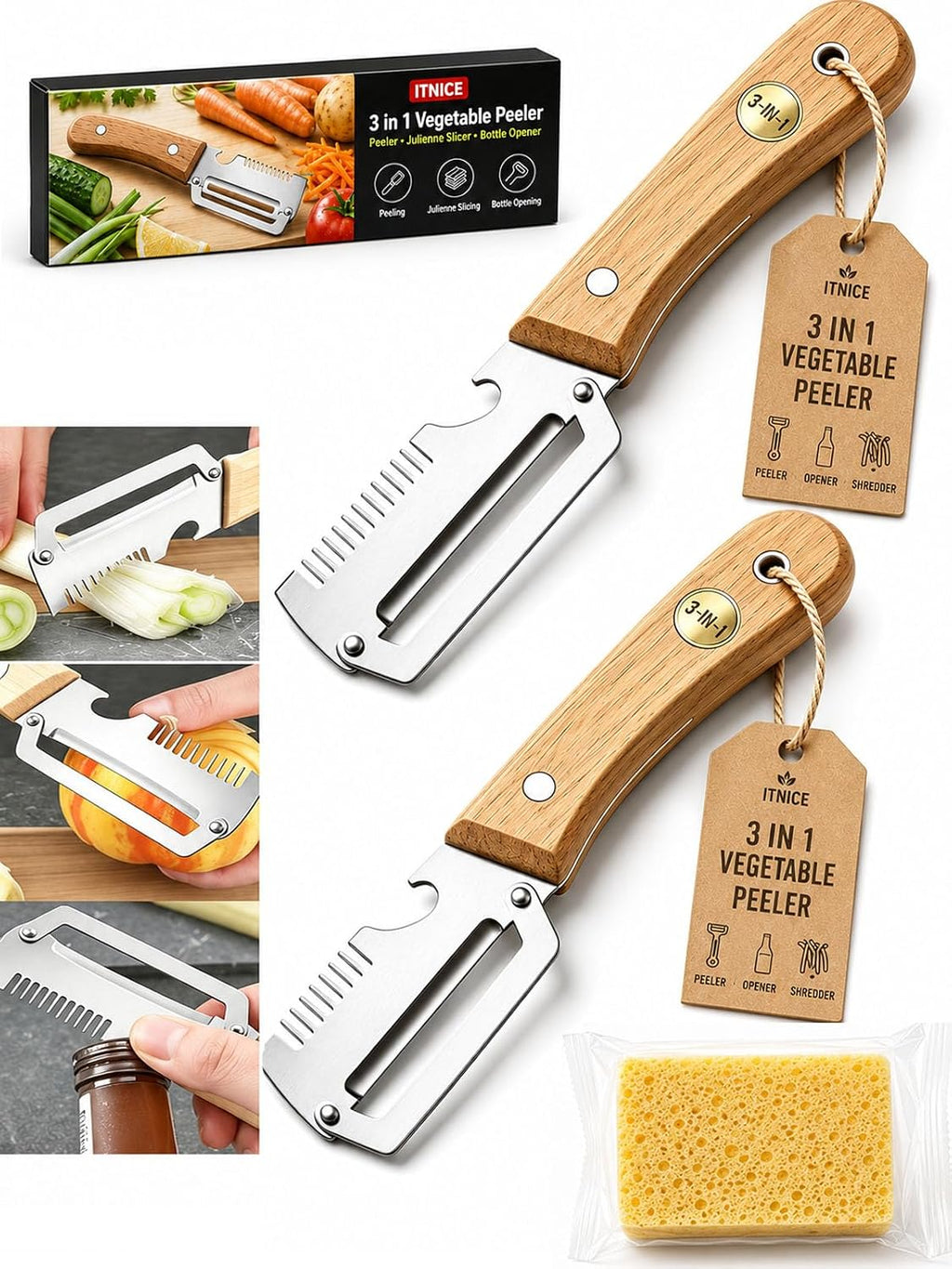 Multifunctional Vegetable Peeler Slicer Stainless Steel Knife with Bottle Opener, 3 in 1 Zero Snag Wooden Handle Julienne Slicer Shredder, Kitchen Tool for Potato Carrot Scallion Fruit(A,2PCS)