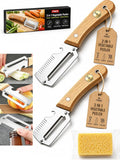 Multifunctional Vegetable Peeler Slicer Stainless Steel Knife with Bottle Opener, 3 in 1 Zero Snag Wooden Handle Julienne Slicer Shredder, Kitchen Tool for Potato Carrot Scallion Fruit(A,2PCS)