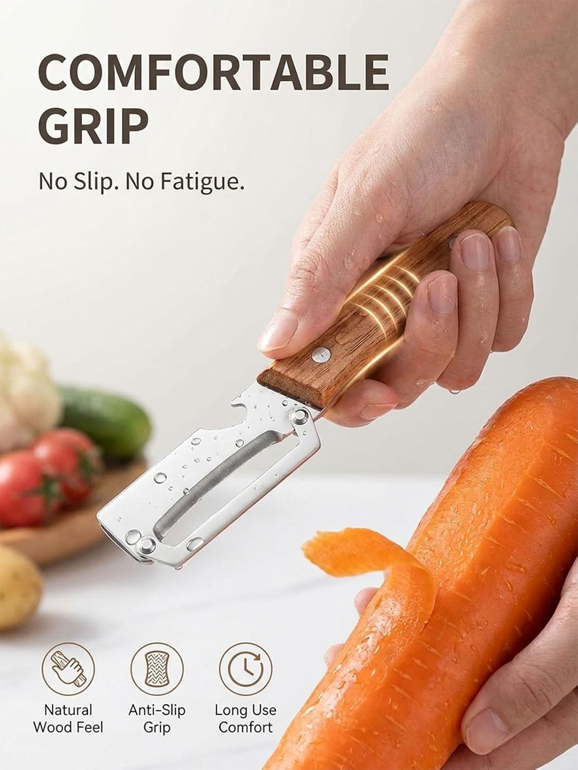 Multifunctional Vegetable Peeler Slicer Stainless Steel Knife with Bottle Opener, 3 in 1 Zero Snag Wooden Handle Julienne Slicer Shredder, Kitchen Tool for Potato Carrot Scallion Fruit(A,2PCS)