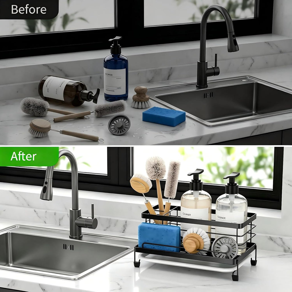 Cisily Stainless Steel Sponge Holder for Kitchen, Sink Caddy Sink Organizer Rack for Kitchen Accessories with Drip Tray, Rustproof and Non-slip, Dish Soap Dispenser Countertop Organizer