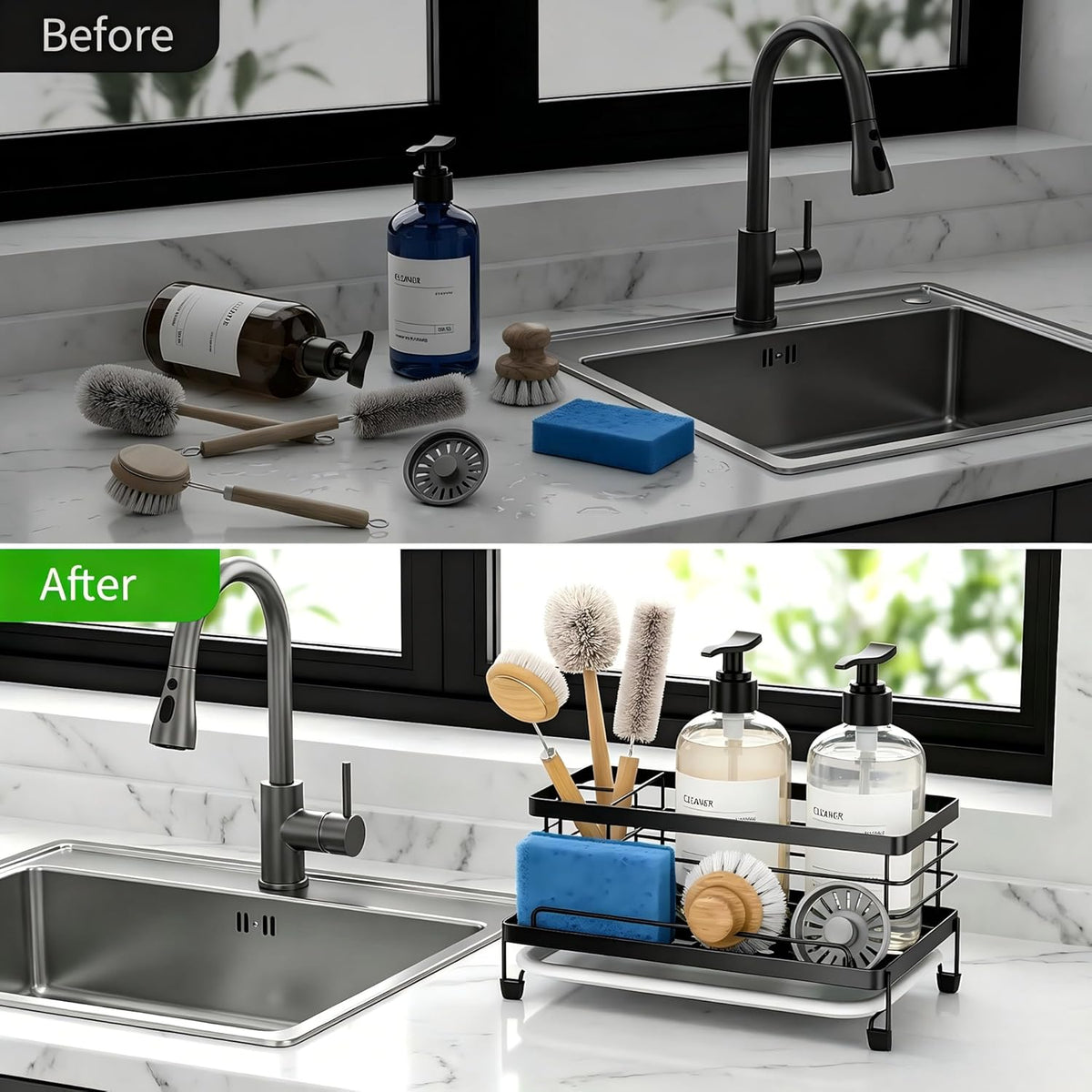 Cisily Stainless Steel Sponge Holder for Kitchen, Sink Caddy Sink Organizer Rack for Kitchen Accessories with Drip Tray, Rustproof and Non-slip, Dish Soap Dispenser Countertop Organizer