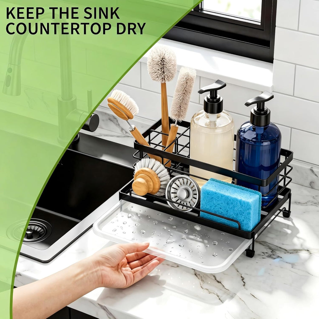 Cisily Stainless Steel Sponge Holder for Kitchen, Sink Caddy Sink Organizer Rack for Kitchen Accessories with Drip Tray, Rustproof and Non-slip, Dish Soap Dispenser Countertop Organizer