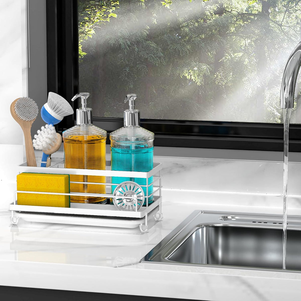 Cisily Stainless Steel Sponge Holder for Kitchen, Sink Caddy Sink Organizer Rack for Kitchen Accessories with Drip Tray, Rustproof and Non-slip, Dish Soap Dispenser Countertop Organizer