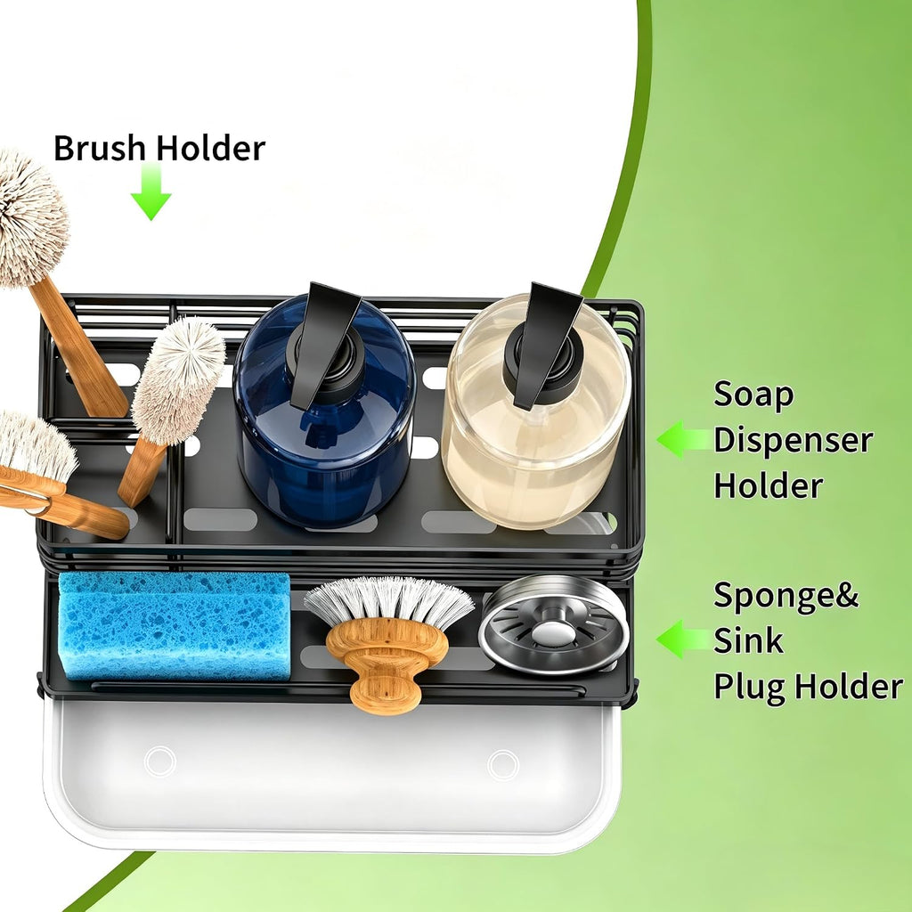 Cisily Stainless Steel Sponge Holder for Kitchen, Sink Caddy Sink Organizer Rack for Kitchen Accessories with Drip Tray, Rustproof and Non-slip, Dish Soap Dispenser Countertop Organizer