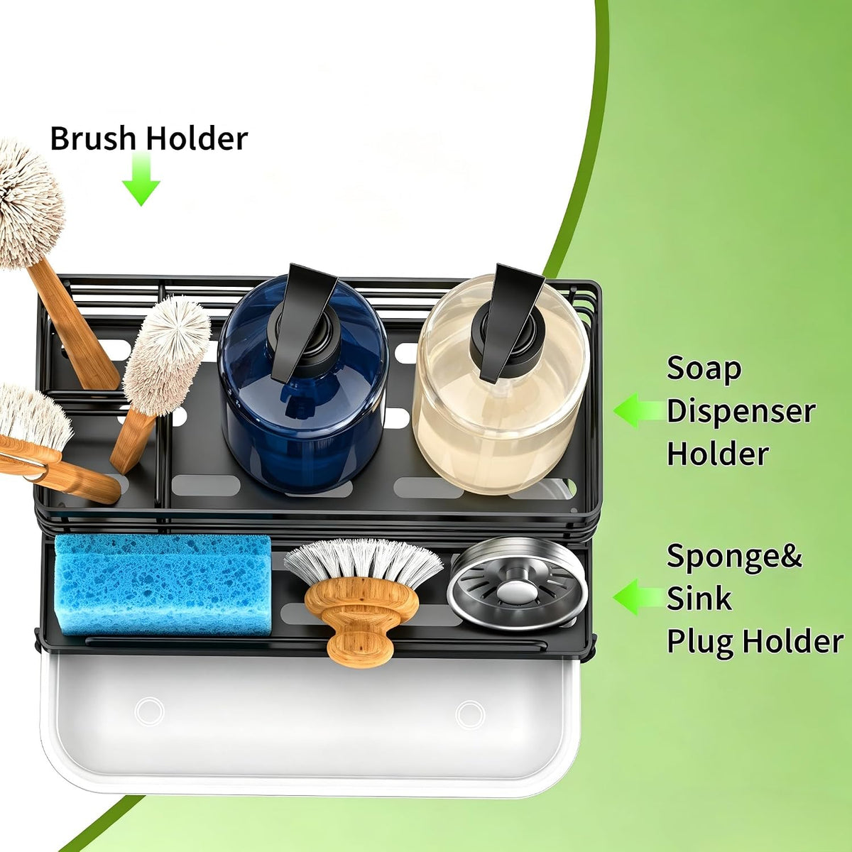 Cisily Stainless Steel Sponge Holder for Kitchen, Sink Caddy Sink Organizer Rack for Kitchen Accessories with Drip Tray, Rustproof and Non-slip, Dish Soap Dispenser Countertop Organizer