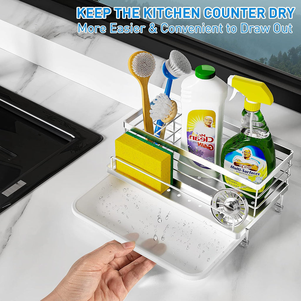 Cisily Stainless Steel Sponge Holder for Kitchen, Sink Caddy Sink Organizer Rack for Kitchen Accessories with Drip Tray, Rustproof and Non-slip, Dish Soap Dispenser Countertop Organizer
