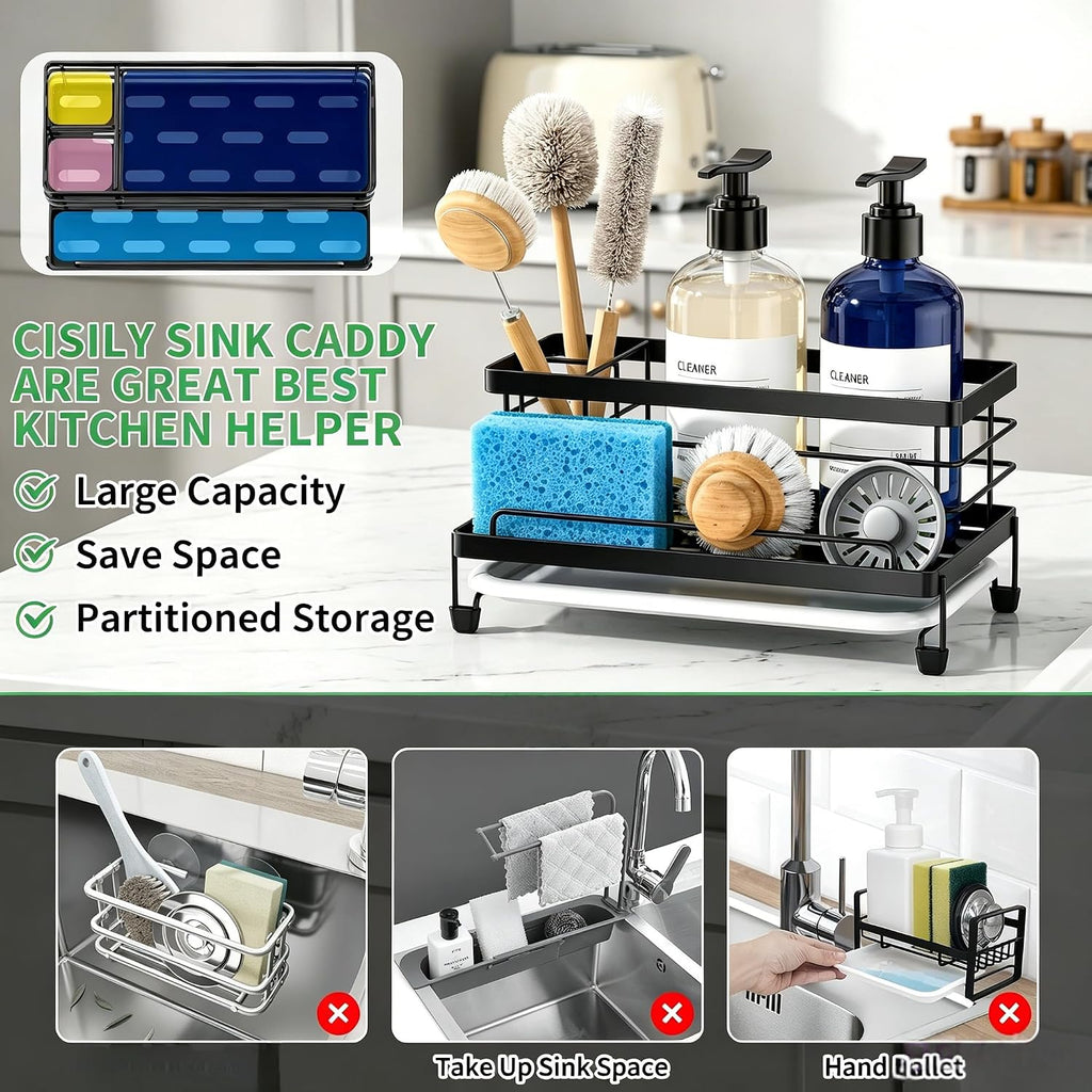 Cisily Stainless Steel Sponge Holder for Kitchen, Sink Caddy Sink Organizer Rack for Kitchen Accessories with Drip Tray, Rustproof and Non-slip, Dish Soap Dispenser Countertop Organizer