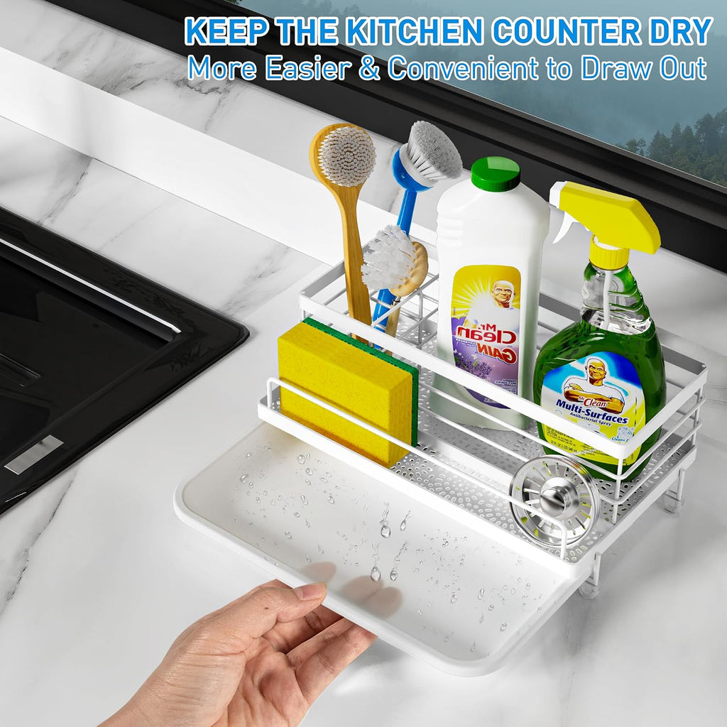 Cisily Stainless Steel Sponge Holder for Kitchen, Sink Caddy Sink Organizer Rack for Kitchen Accessories with Drip Tray, Rustproof and Non-slip, Dish Soap Dispenser Countertop Organizer