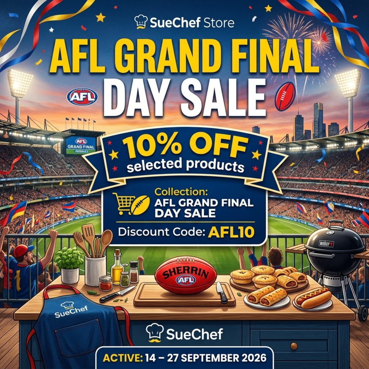 AFL Grand Final Day Sale promotional creative — 10% off selected SueChef products