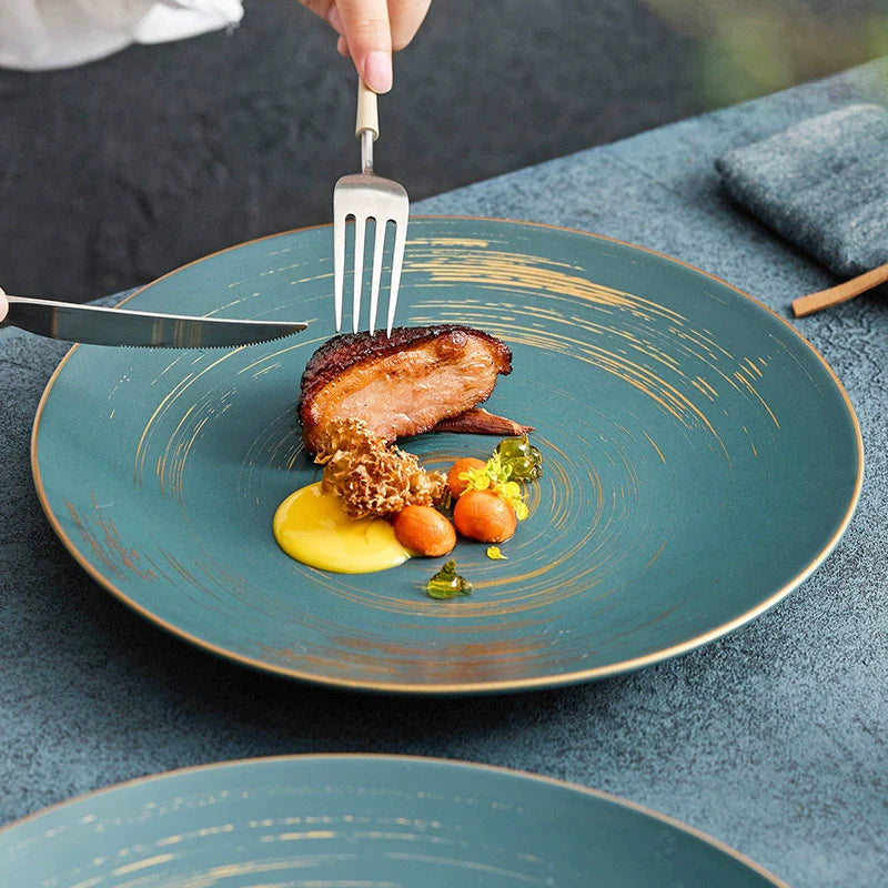 Matte Glazed Ceramic Dinner Plate – Gold Detail