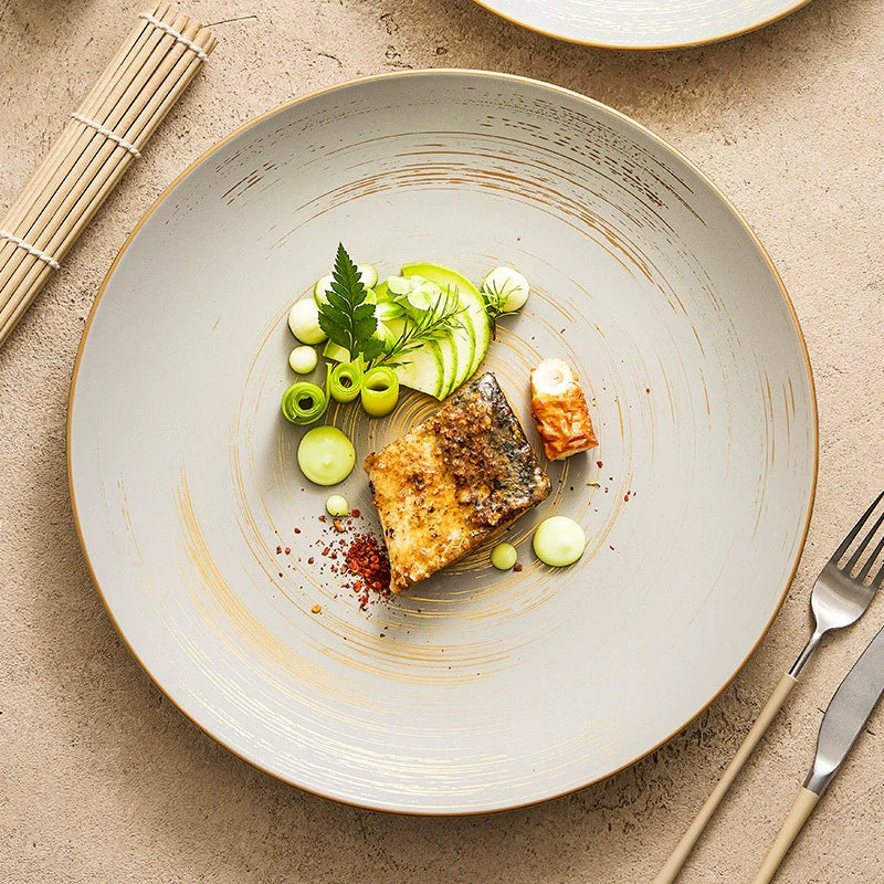 Matte Glazed Ceramic Dinner Plate – Gold Detail