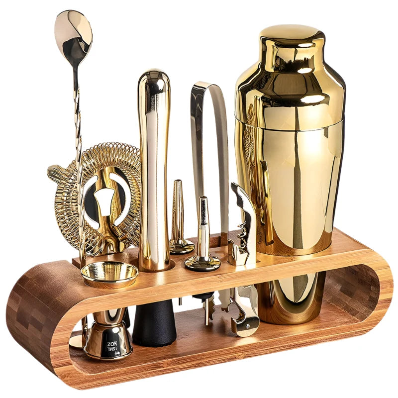 Bartender Cocktail Bar Set – 10 Piece, Bamboo Stand
