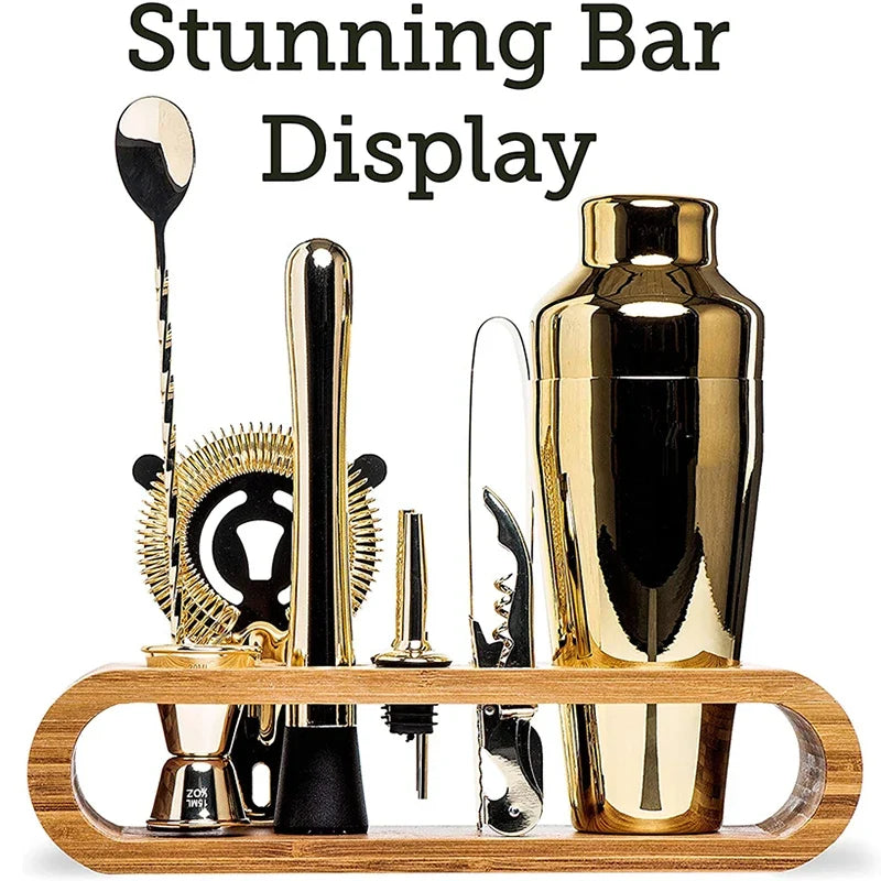 Bartender Cocktail Bar Set – 10 Piece, Bamboo Stand