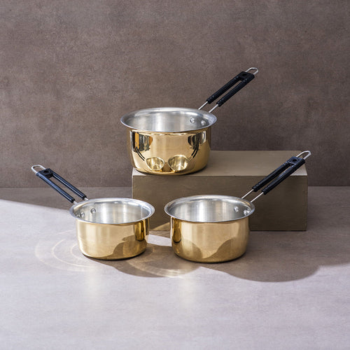 Set of 3 Brass Saucepans (1L, 1.5L, 2L) | Handcrafted Durable Cookware