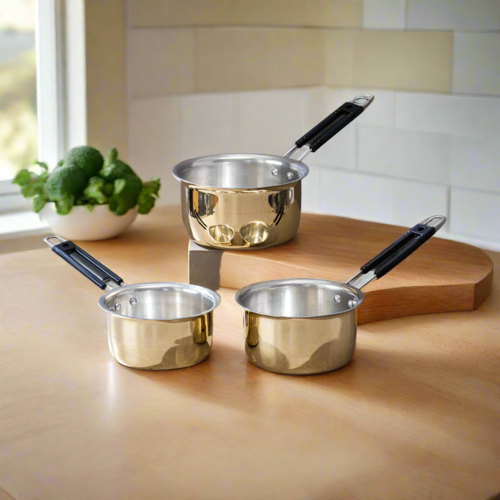 Set of 3 Brass Saucepans (1L, 1.5L, 2L) | Handcrafted Durable Cookware
