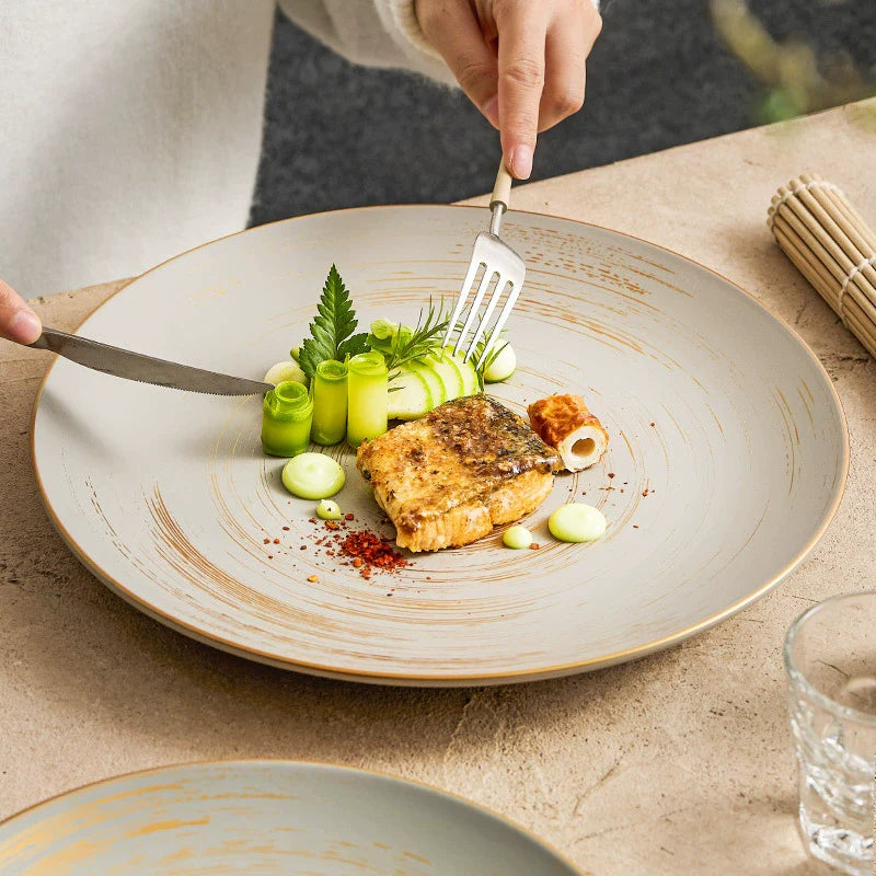 Matte Glazed Ceramic Dinner Plate – Gold Detail