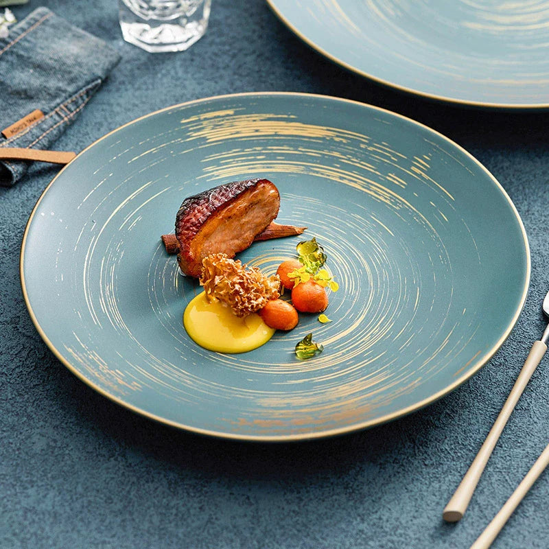 Matte Glazed Ceramic Dinner Plate – Gold Detail