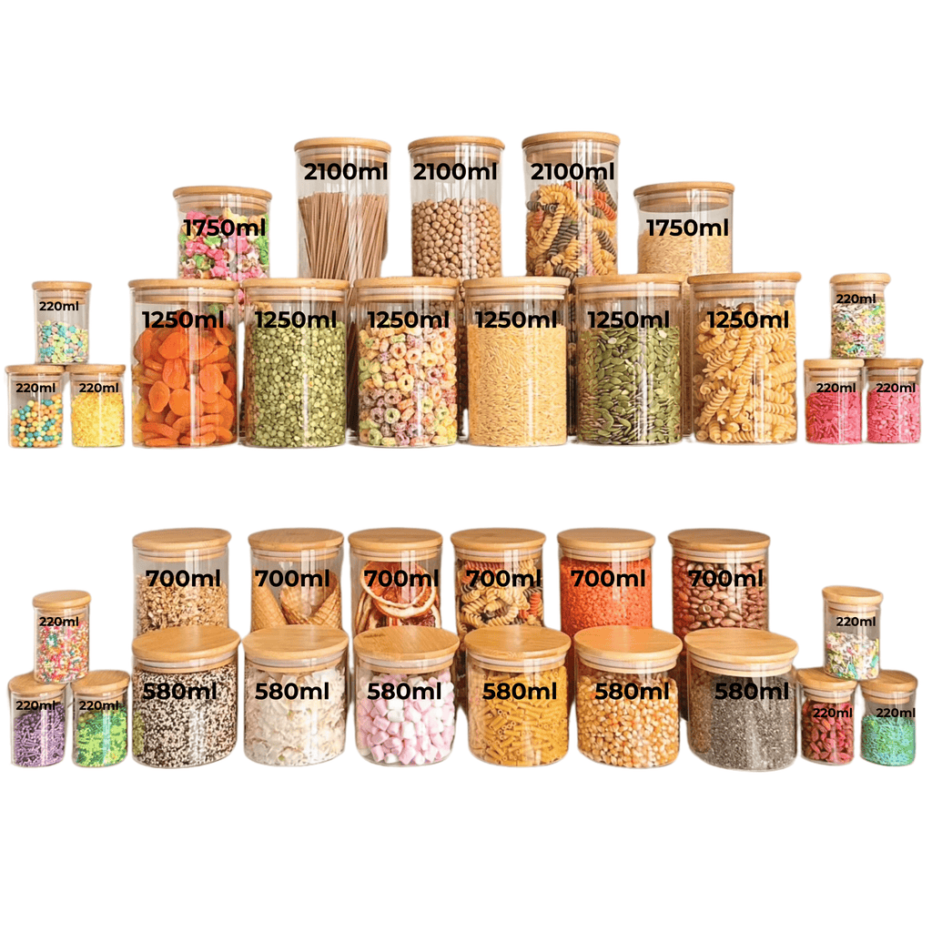 Bamboo Glass Pantry Jar Set – 35 Piece pantry storage for SueChef kitchenware