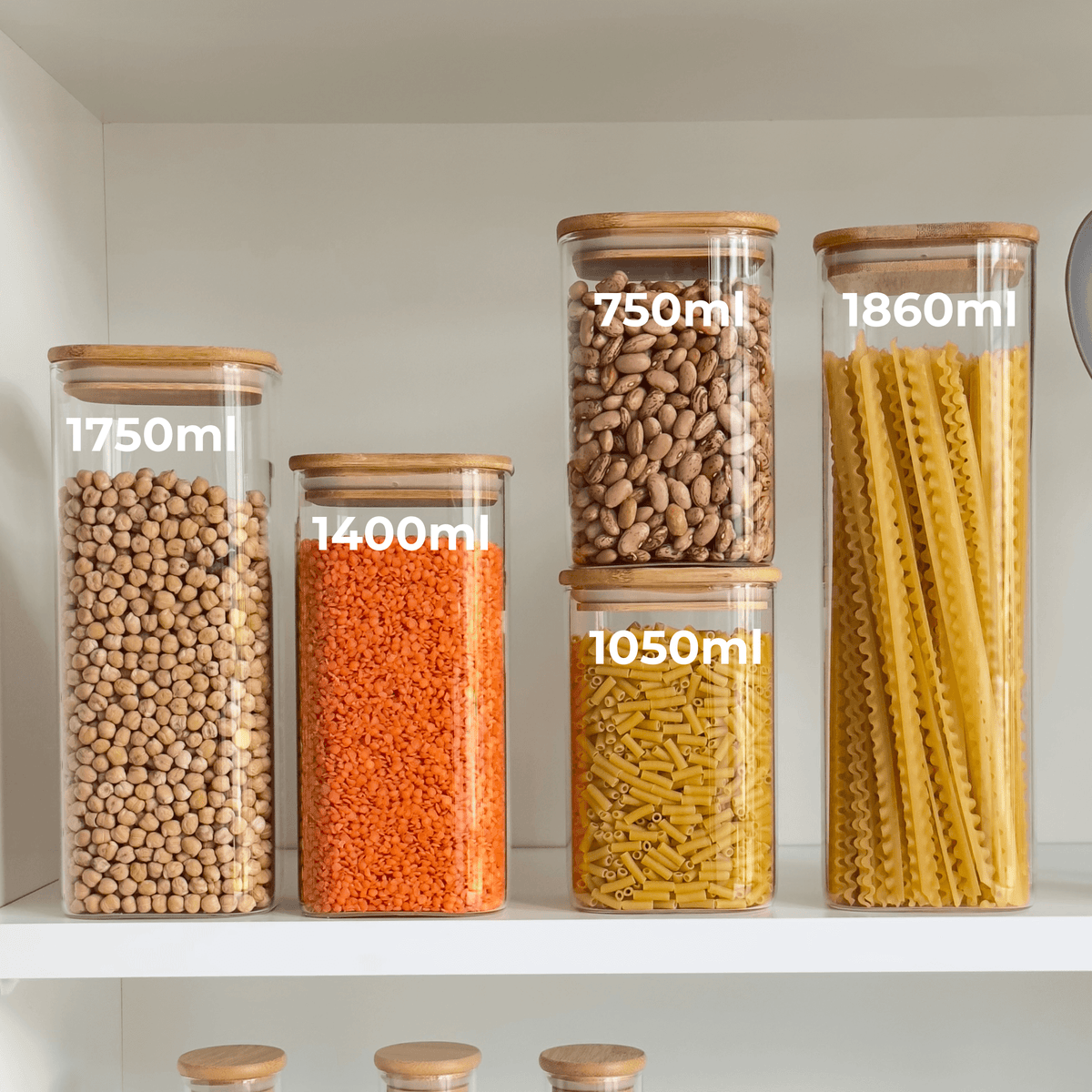 Square Bamboo-Lid Glass Pantry Jars – 5 Piece Set
