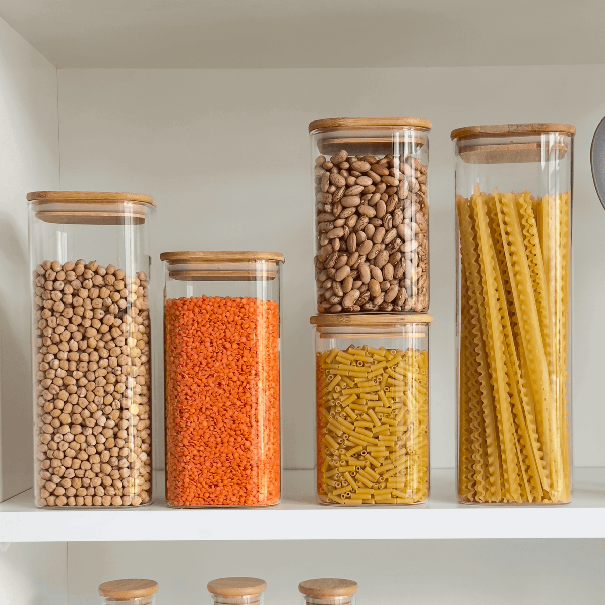 Square Bamboo-Lid Glass Pantry Jars – 5 Piece Set
