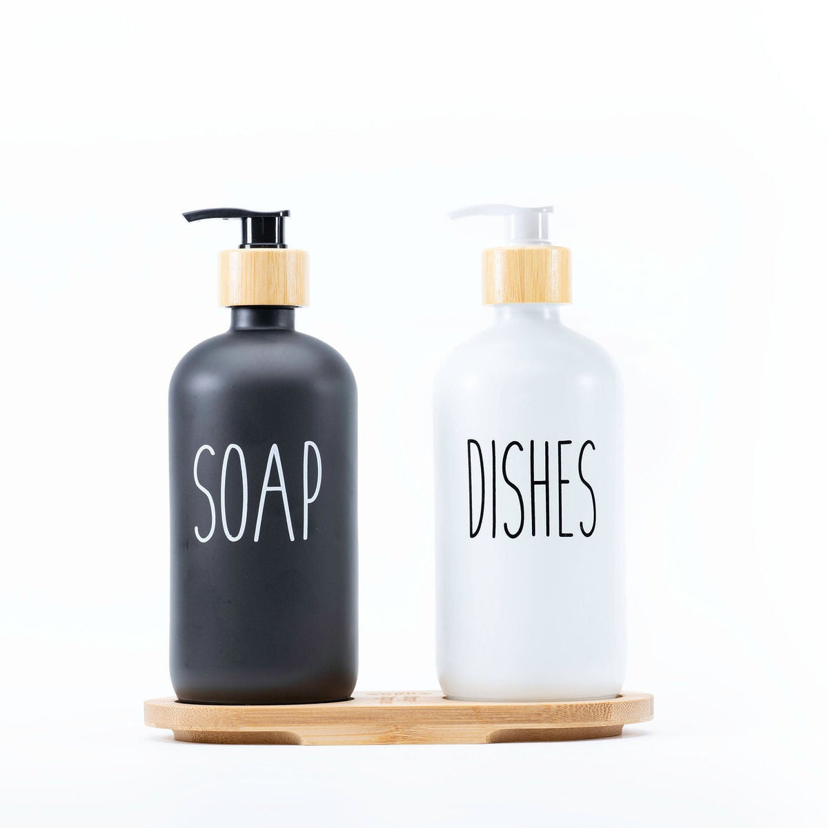 Glass Pump Bottles and Bamboo Tray Set – 2 x 500ml