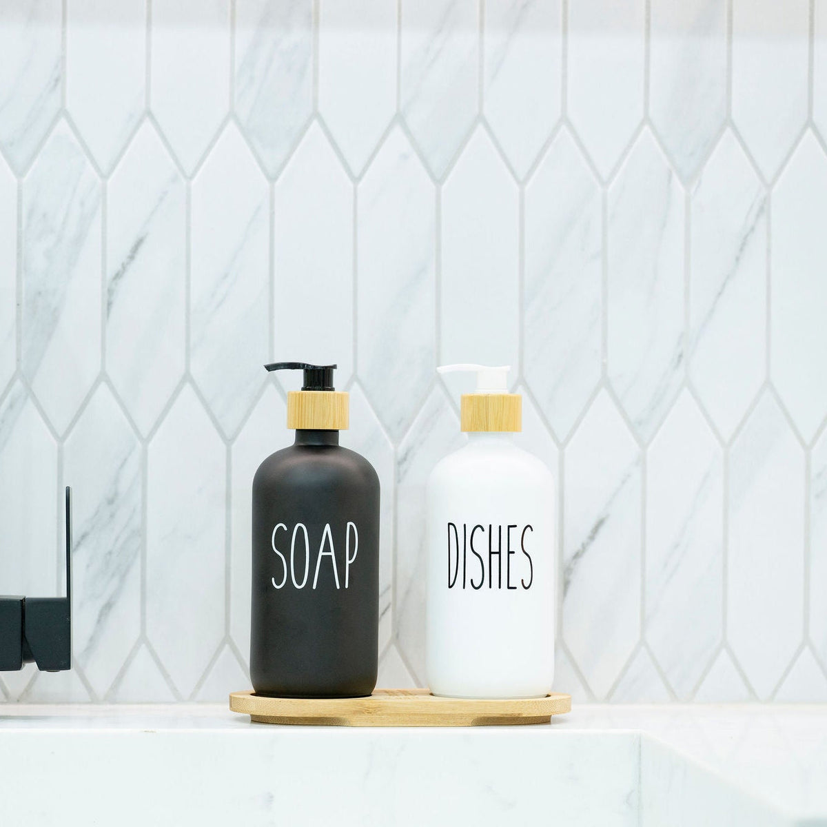 Glass Pump Bottles and Bamboo Tray Set – 2 x 500ml