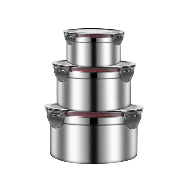 NNEDSZ Brown 3-Piece 304 Stainless Steel Food Storage Set with Leak-Proof Lids – Round Design for Fridge and Meal Prep