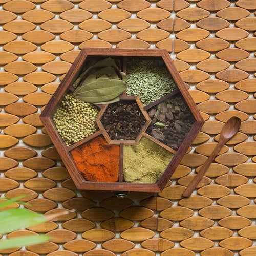 Hexagonal Wooden Spice Box with Spoon