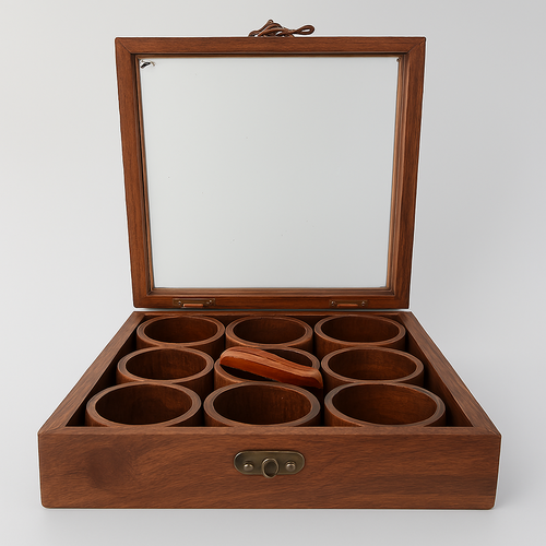 9 Compartment Wooden Spice Box with Spoon