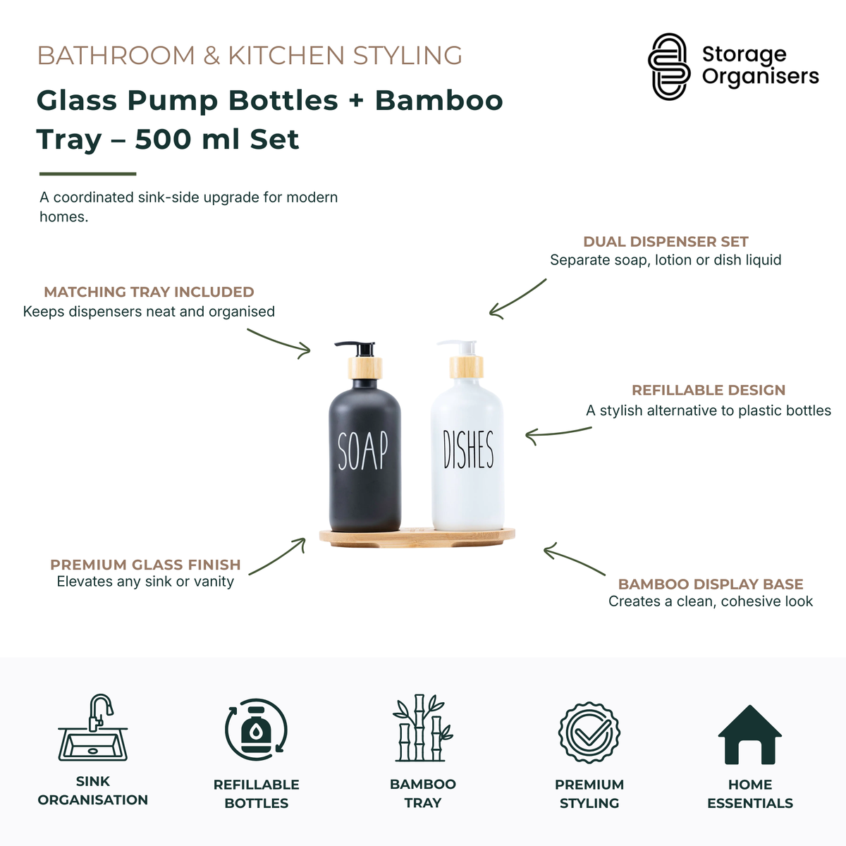 Glass Pump Bottles and Bamboo Tray Set – 2 x 500ml
